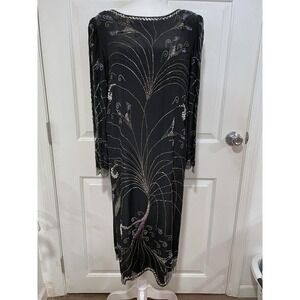 VTG Beaded 100% Silk Argenti Notte M 8 Sequin Long Sleeve Shift Dress Black Midi